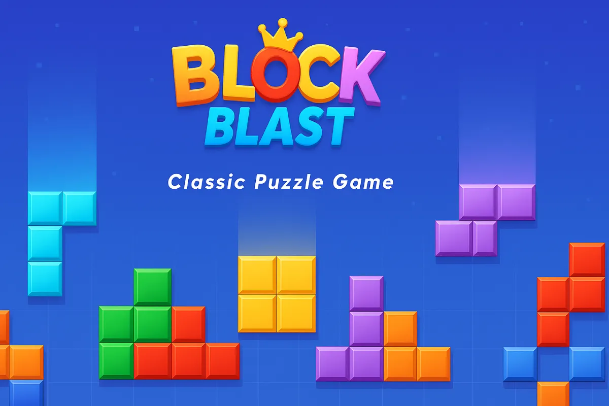 Block Blast classic puzzle game: colourful block shapes on a blue grid